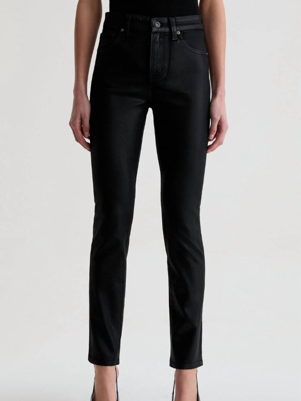 AG MARI Black Coated Jeans Ladies 27 Mid Rise Slim Straight $295 TAGS Slimming